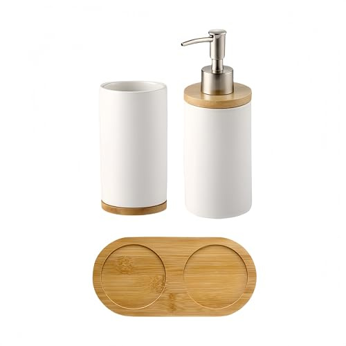 2 Teile Badezimmer Set Badezimmer Zubehör Set Keramik,und Bambus Badezimmer Accessoires Set,Zahnbürstenhalter, Seifenspender, Bambus Fach,Zahnputzbecher,Seifenspender mit Pumpe(400ML)