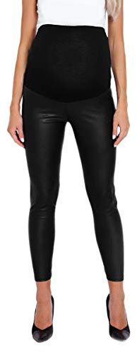 Selente Mummy Love dam långa mammabyxor/mammaleggings/mamma-streggins (tillverkad i EU) för graviditet med magband, Leggings svart läderlook, S-M