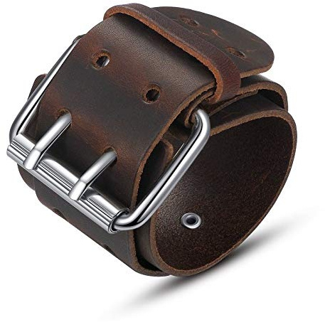 Bracelet en Cuir pour Femme Vintage Tressé en Cuir Véritable Grand Charme,Bracelets Bracelet Large Ceinture Marron Boucle D'Amitié Personnalité Bracelets Cadeau De Noël pour Les Hommes Femmes G