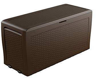 Keter Auflagenbox, Kissenbox, Rattanoptik, 270 L, Aufbewahrungsbox für Garten, Innen, Außen, 117 x 45 x 57 cm, Gartenbox mit Deckel, Griffen, wetterfest, Gartentruhe aus Kunststoff (Braun)