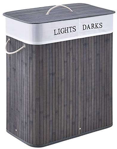 Juskys Bambus Wäschekorb Curly Grau 100L - Hygienischer Wäschekorb mit Deckel, Tragegriff & Wäschesack - 2 Fächer - Natürliche Bambus Optik