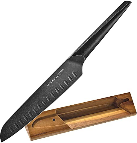 linoroso 15cm Cuchillo Santoku - Acero Inoxidable Alemán de Alto Carbono, Mango Ergonómico Negro, Cuchillos Cocinero para Frutas, Verduras, Carne, Hoja afilada, Duradero, Pica, Corta en cubos