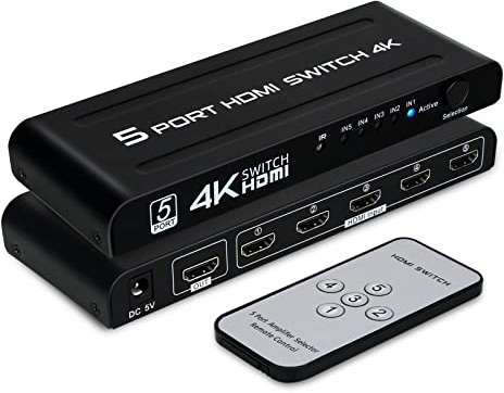 Switch HDMI 5 Entradas 1 Salida, 4K Conmutador HDMI Automatico con Alimentación y Mando a Distancia para HDTV DVD Xbox PS3 PS4 BLU-Ray Proyector