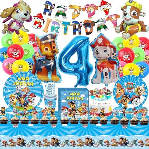 112 Pcs Pat' Dog Patrouille 4 an Anniversaire Vaisselle Kit,Patte Patrouille 4 an Décoration Danniversaire Ballon Vaisselle,Décorations de Table D'anniversaire Assiettes Ballon