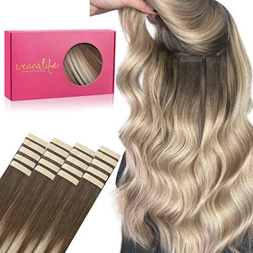 WENNALIFE Extensiones Adhesivas de Pelo Natural, 35cm, 50g, 7 Piezas, Rubio Arenoso a Platino, Remy, Cabello Humano