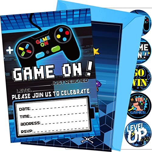 Sabary 24 Pcs Video Game Invitations Fill-in Gamer Invitations with Envelopes Gaming Party Cards Decorations Double-sided Printed Video Party Supplies for Boys Kids Birthday Decor(Classic Style)