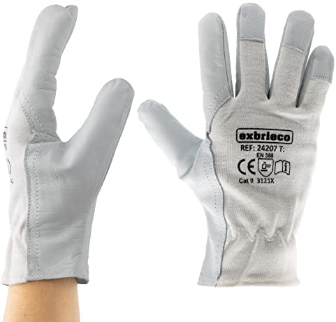EXBRIECO, Guantes de Trabajo de Piel, Pack de 1/3/6 o 12 Pares, Alta Resistencia a la Abrasión y Perforación, Antidesgarros, Dorso de Algodón, Cómodos y Suaves, Duraderos, Diferentes Tallas