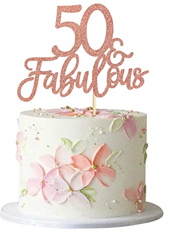 Blumomon 3 Pack 50 & Fabulous Cake Topper Rose Gold Glitter Cheers to Happy 50th Birthday Cake Toppers Fifty and Fabulous Cake Pick Decorations for 50th Wedding Anniversary Birthday Party Supplies