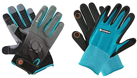 Gardena Gerätehandschuh Größe 9/L: Handschuhe für alle Arbeiten mit Geräten, optimaler Grip, stoßdämpfende Pads (11521-20), türkis;schwarz;grau;orange & Pflanz- und Bodenhandschuh 9/L (11512-20)