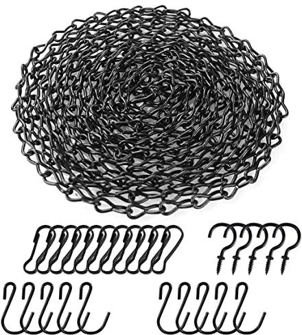 BNGGOGO Hanging Basket Chain Set, 196 Inch Black Chain with 10 Hooks, 10 Clips & 5 Screw Eye Hooks for Planters, Bird Feeders, Indoor & Outdoor Use