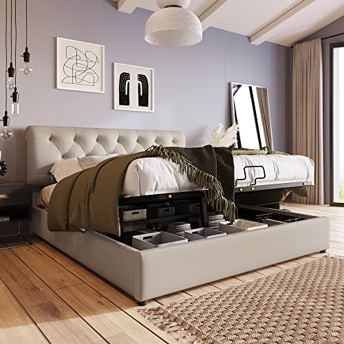 Kayan Hydraulisch Polsterbett 140x200cm,Verstellbares Kopfteil Doppelbett, Bett mit Lattenrost aus Metallrahmen, Modernes Bettgestell mit Stauraum, Natürlich,ohne Matratze