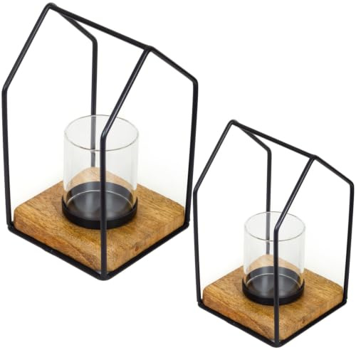 2er Set Windlicht Teelichthalter Boie aus Metall und Holz 26 cm Deko