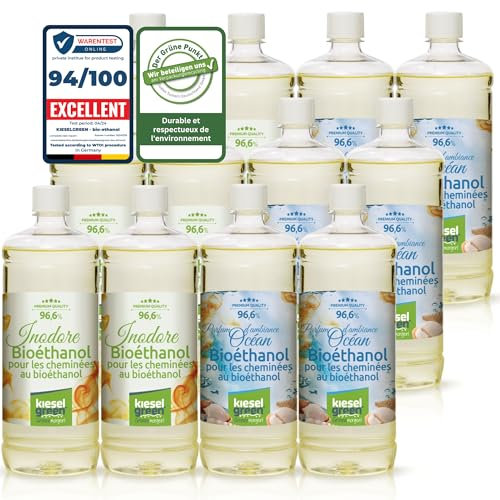 KieselGreen Bioéthanol 12 x 1 Litre Set (6x avec Parfum + 6x Inodore) pour Cheminée à l'éthanol - Bioéthanol comme Parfum - pour Cheminée à l'éthanol Bio intérieur ou feu de Table au Bioéthanol M