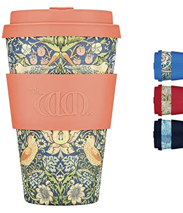 14oz 400ml William Morris Reusable Eco-Friendly 100% Plant Based Coffee Cup - Melamine Free & Biodegradable Dishwasher/Microwave Safe Travel Mug, Strawberry Thief