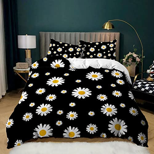 NDXRWDZR Plant Super King Size Duvet Cover Black Chrysanthemum Duvet Cover with Zipper Closure Bedding for Aldults Kids Soft Breathable Microfiber Duvet Cover 260x220 cm + 2 Pillowcases 50x75 cm