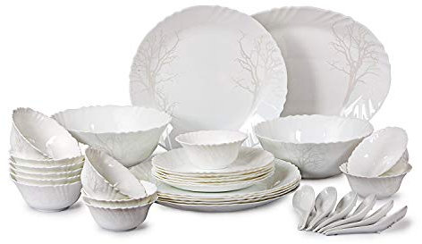 Dinner Set White Shine Winter Frost Opalware Dinner Set, 11 inch Full Plate, 33 Pieces, White
