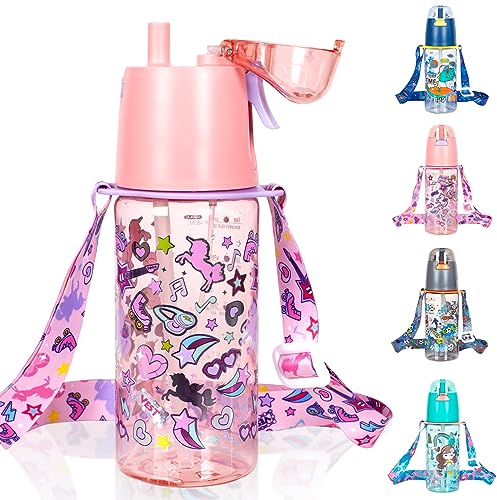 PinkSheep Kids Misting Water Bottle with Straw/Lanyard for School Girls, 20oz BPA Free Child Drinking Water Bottle 2-in-1 Mist And Sip Function Leak-Proof for School Sport Travel (Unicorn)