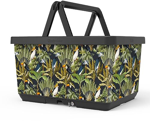 Basky Basket Fahrradkorb Abnehmbar | Jungle Parrots Design | Fahrradkiste für Fahrrad & E-Bike | Fahrradtasche vorne und hinten | Adapterplatte Gepäckträger Klicksystem mit Schloss | Nachhaltig