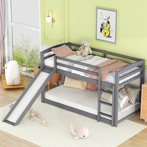 Aunvla Letto a castello per bambini e ragazzi, lettino con scivolo, struttura in legno massello, montaggio semplice, 90 x 200 cm, grigio