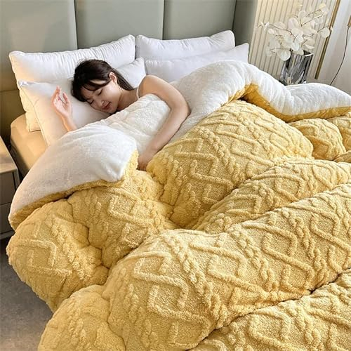 SHAIRMB Winterbettdecke, Warm dick Decke aus Lammfell, Atmungsaktiv Turm-Samtdecke, Verdickt, superweich Isolierung Hibiskus Winterdecke, Flauschig doppelseitig Kaschmirdecke,Gelb,150x200cm(2kg)