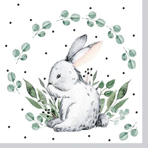 20 Servietten Ostern Hase umrahmt von grünen Blättern als Tischdeko. Papierservietten mit Motiv. Auch für Decoupage und Serviettentechnik 33x33cm