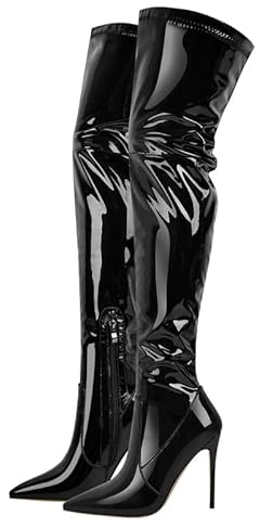 blingqueen Damen Overknees Spitze Stiefel Stiletto High Heels Thigh High Stretch Boots Lack Schwarz 43 EU