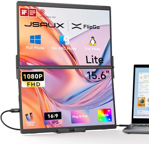 JSAUX FlipGo Lite 15.6 Dual Laptop Screen Extender, 1080P Triple Laptop Monitor Extender, Portable IPS Dual-Screen Monitor with Stacked–Windows Only, Magnetic Design, Reverse Charging, Built-in HUB