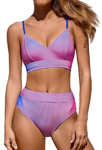 CUPSHE Bikiniset för kvinnor hög midja randig v-ringad badkläder baktill slips tvådelad baddräkt, Blå/magenta/rand, L
