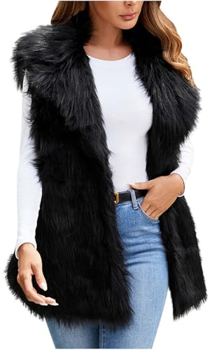 Faux Fur Gilet Women UK Plus Size Fluffy Fake Fur Vest Sleeveless Elegant Furry Waistcoats Lightweight Casual Bodywarmer Vest Coats V Neck Fuzzy Gilet Coats Winter Thermal Vest Jacket