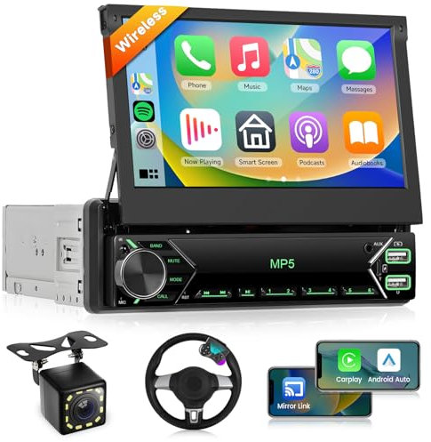 Podofo Single Din Car Stereo with Wireless Carplay Android Auto, 7 inch Foldable HD IPS Touch Screen Bluetooth Radio, Mirror Link, FM, EQ Audio, SWC, Backup Camera, External Mic, 2 USB+Type-C Ports
