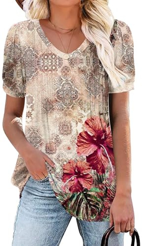 Zeagoo kortärmad boho-skjorta för kvinnor vardaglig v-ringad blommig solid sommarblus veckad vardaglig tunika topp, Skriva ut, S