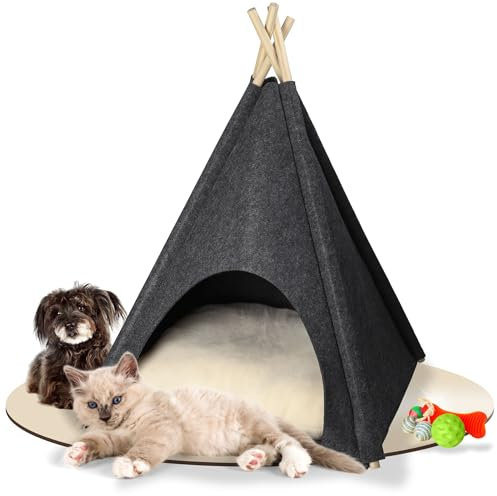 Katzenhöhle & Hundehöhle für kleine Hunde - bequemes Indoor & Outdoor Tipi Zelt aus Filz - Kuschelhöhle Katze & Hund - Katzenbett inkl. Kissen - Geschenkidee für Tiere, Farbe:dunkelgrau-beige