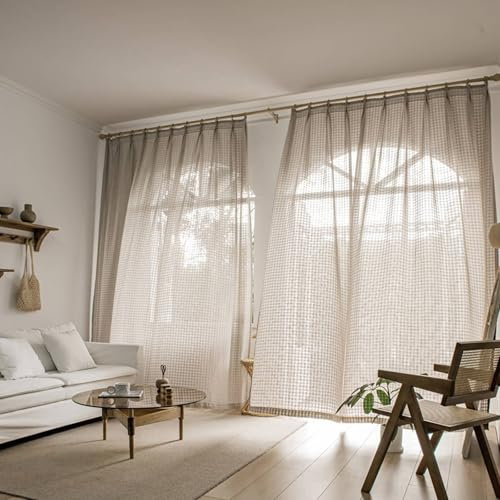 Wycian Gardine Querbehang Oben Gardinen 2er Set Hellbraun Voile mit Gitterstruktur H183 x B102 cm (2er Pack) Polyester