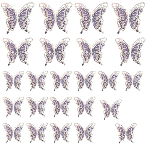 24 Pezzi Farfalla 3D, 3 Misure Decorazioni a Farfalla Cave Adesivi da Parete Farfalle Rimovibili Decalcomanie Artistiche per Camera da Letto Soggiorno Festa Decorazione (Viola Argento)
