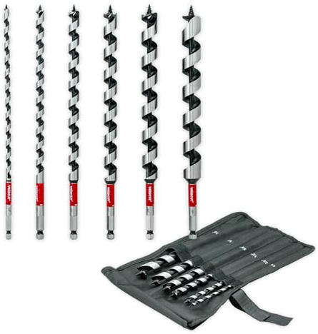 Auger Drill Bit Set for Wood, 6pcs 1/4-7/8 Inch Hex Shank, Long Ship Auger Drill Bit for Soft and Hard Wood, Plastic, Drywall, Tree Stump and Composite Materials