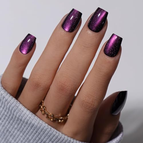 KQueenest Purple Cat Eye Press on Nails Short Coffin, Bling Black Short False Nails, Glazed Sparkly Fake Nails Press ons, Reusable Soft Gel Stick on Nail for Women Gothic Decoration, 30 Pcs