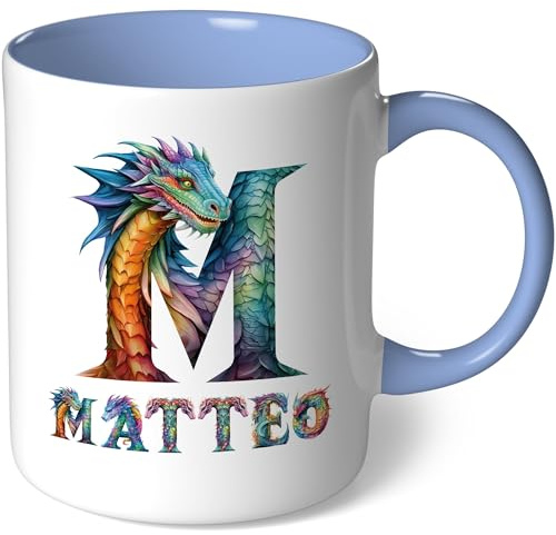 Personalisierte Tasse mit Namen - Motiv Drachen - Geschenk Kaffeetasse Namenstasse selbst gestalten personalisieren bedrucken Geburtstag Becher Teetasse Kaffeebecher (Weiß - Mittelblau Bild23)