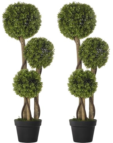 HOMCOM Set of 2 Decorative Artificial Tree Boxwood Ball Topiary Tree in Pot, Fake Plant for Home Indoor Outdoor Decor, 90 cm, Light Green