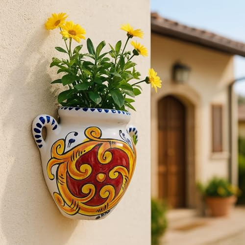 Vaso Applique Porta Fiori in Ceramica Bianca Dipinta a Mano - Stile Caltagirone-Sicilia con Motivi e Colori 2407251304