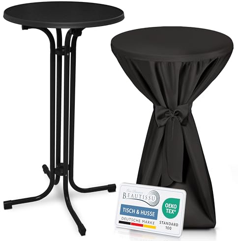 Beautissu Stehtisch klappbar mit Stehtischhusse & Schleifenband rund | 60cm Schwarz Wetterbeständig Outdoor Bistrotisch Kratzfest UV-beständig Husse rutschfest waschbar Schwarzer Premium Bellini