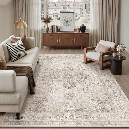 PureCozy Vintage Rugs Living Room Area Rug 200x300cm Washable Beige Bedroom Large Non Slip Soft Carpet Kitchen Bedroom Dining Room Office Indoor Low Pile Carpets