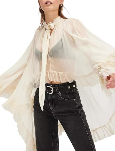 FeMereina Women Long Bell Sleeve Frill Top See Through Sheer Mesh Blouse High Low Hem Ruffled Sexy Flowy Tops Shawl Shirt (Ivory, S)
