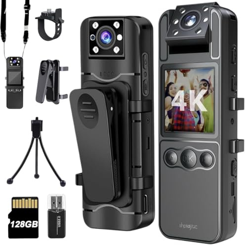 TOSBARRFT 128G Caméra corporelle 4K avec Objectif Rotatif de 180°, caméra de Sport avec 6 Heures d'autonomie de Batterie, Vision Nocturne, caméra Portable pour Animaux domestiques (H82-4K-128G)