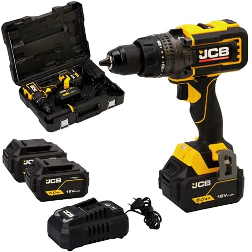 JCB Pro 18V 160Nm Brushless Cordless Combi Drill Yellow, 2 x 5.0Ah Batteries & Fast Charger, Anti-Kickback, High Torque for Wood, Metal & Masonry, 3 Year Warranty
