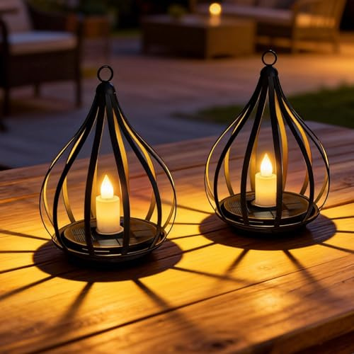 KagoLing Solar Lights Outdoor Garden, 2 Pack Hanging Solar Lanterns with Realistic Flickering Flame, Metal Waterproof LED Candles Lights for Patio & Path Decor, Halloween Christmas & Birthday Gifts