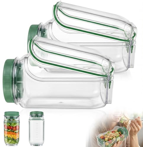 2 Pcs Salad Pod, Side Opening Leakproof Salad Jar with Proof Lid & Removable Sauce Dressing Case, Salad Jar Lunch Containers with Upgraded Bottom Locking Clip for Picnic, Work & Travel(800mL)