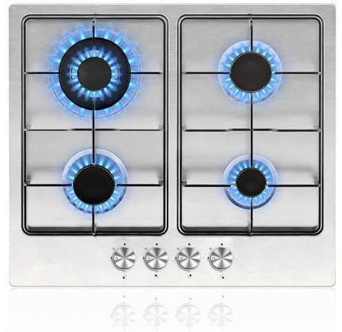 Gas Hob 60cm, 220-240v Built-in Gas Hobs 4 Burners with 13AMP Plug, Stainless Steel Cooktop 7800W, NG/LPG Convertible, Silver Metallic Finish with Thermocouple Protection