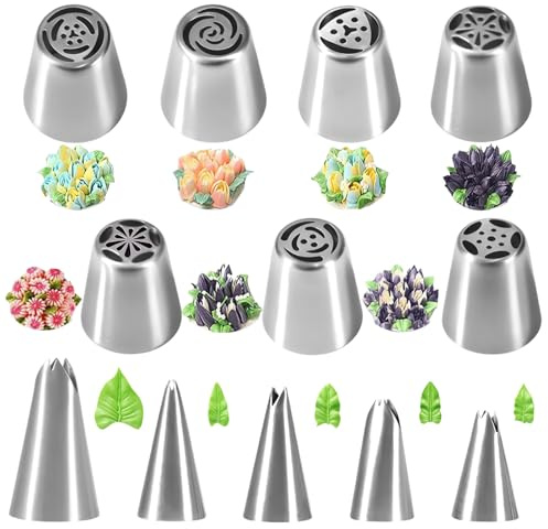 12 Pcs Russian Piping Nozzles, Leaf and Flower Frosting Nozzles Set Stainless Steel, Russian Piping nozzles Set Icing Tips for Cake Decorating Buttercream, Cupcake, Cookie Baking Supplies