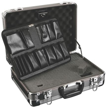 Perel Aluminium Werkzeugkoffer 430 x 300 x 150 mm mit Würfelschaum, Noppenschaum und Werkzeughaltern, abschließbar mit Schlüsselschloss (2 Schlüssel), Hardcase Aufbewahrungskoffer