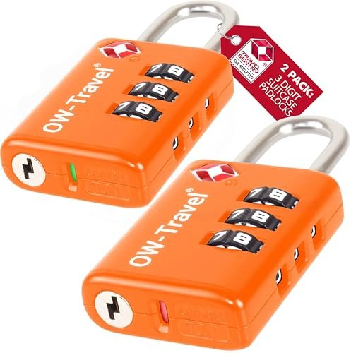 OW-Travel TSA-godkänd Kombinationslås med öppen varningsindikator (Orange 2-pack) 3-siffrig kod TSA Lås Godkänd Säkerhet Ryggsäck Hänglås Resväska, Lås, resväska lås Gymskåp Hänglås